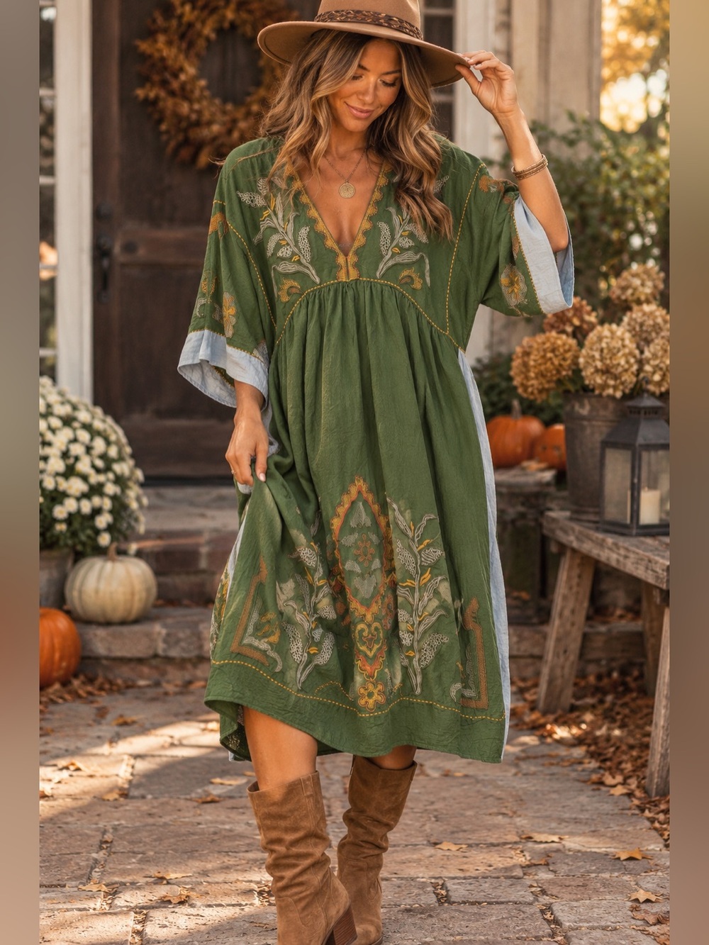 Boutique Sunday Up Boho Embroidered Artisan Green V-Neck Midi Dress Size L